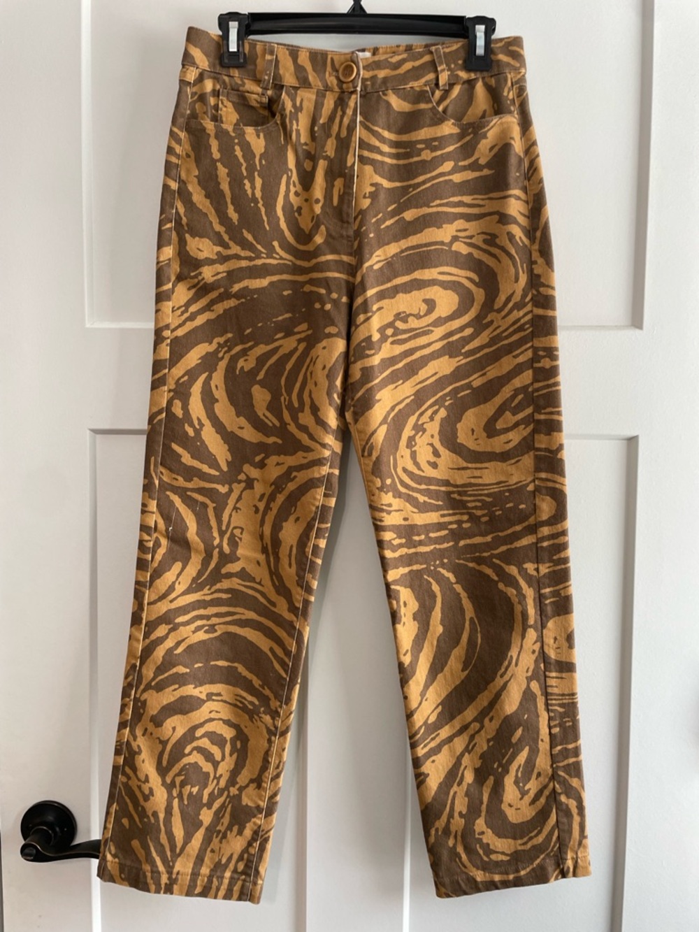 Vatka Vatka Organic Cotton Abstract Print Pants Brown Tan High Rise Straight Leg - Picture 2 of 11